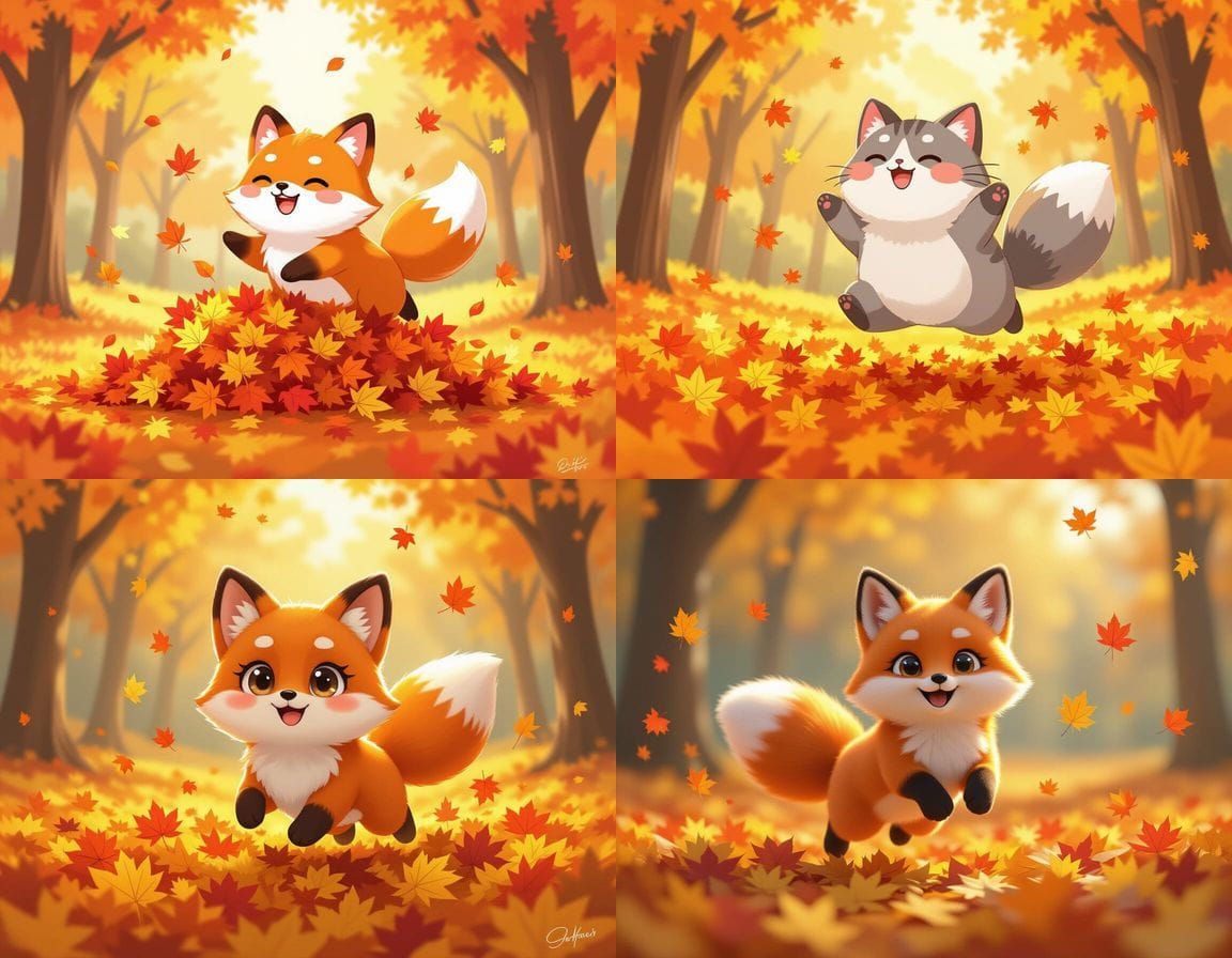 Fluffy Fox Jumps into Leaf Pile in Pusheen Art Style