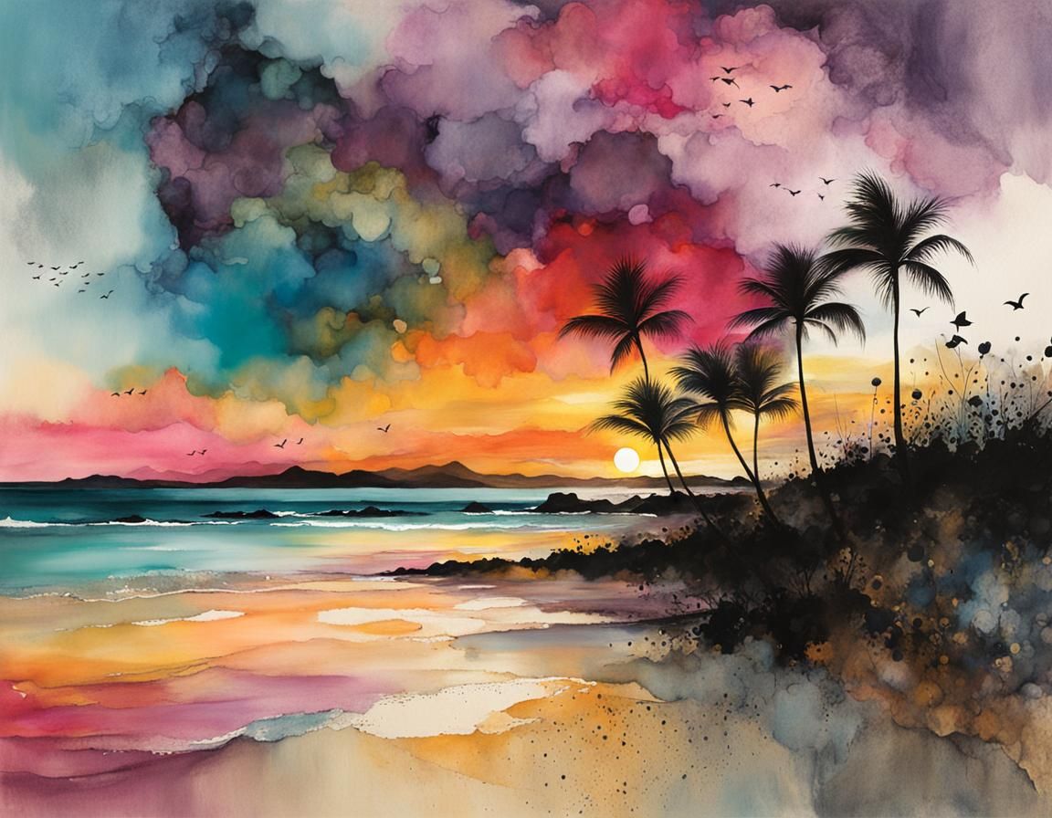 Whimsical Sunset Over Beach in Hawaii