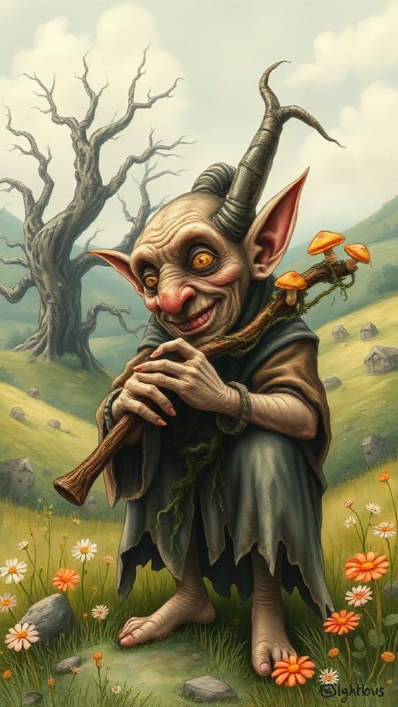 Imp Plays Woodwind Instrument in Watercolour Style