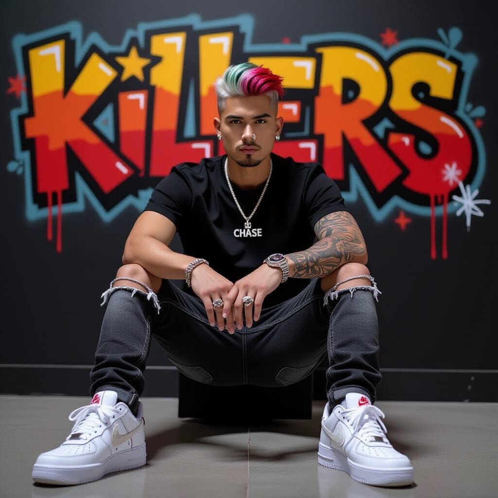 Man with Mullet in Graffiti Art, Murakami Style