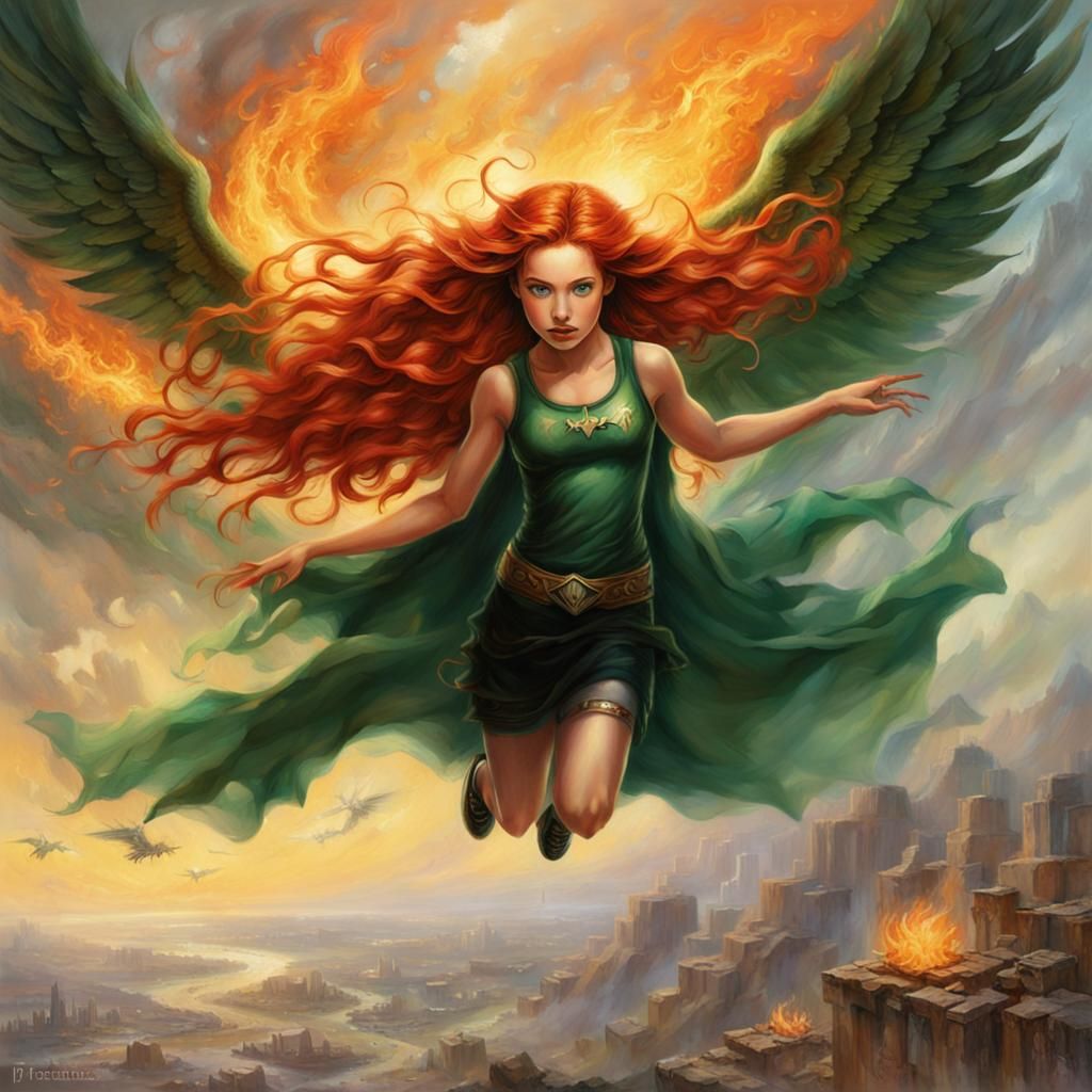 Fiery-Winged Girl Descends in a Desolate Landscape