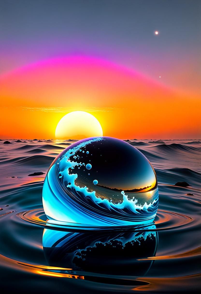 Luminous Neon Waves Submerge a Reflective Globe