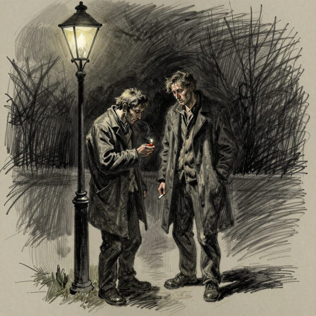 Weary Men Share Light Under Street Lamp