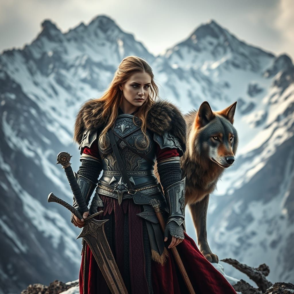 Regal Warrior Amidst Majestic Mountains, Surrounded by a Wat...