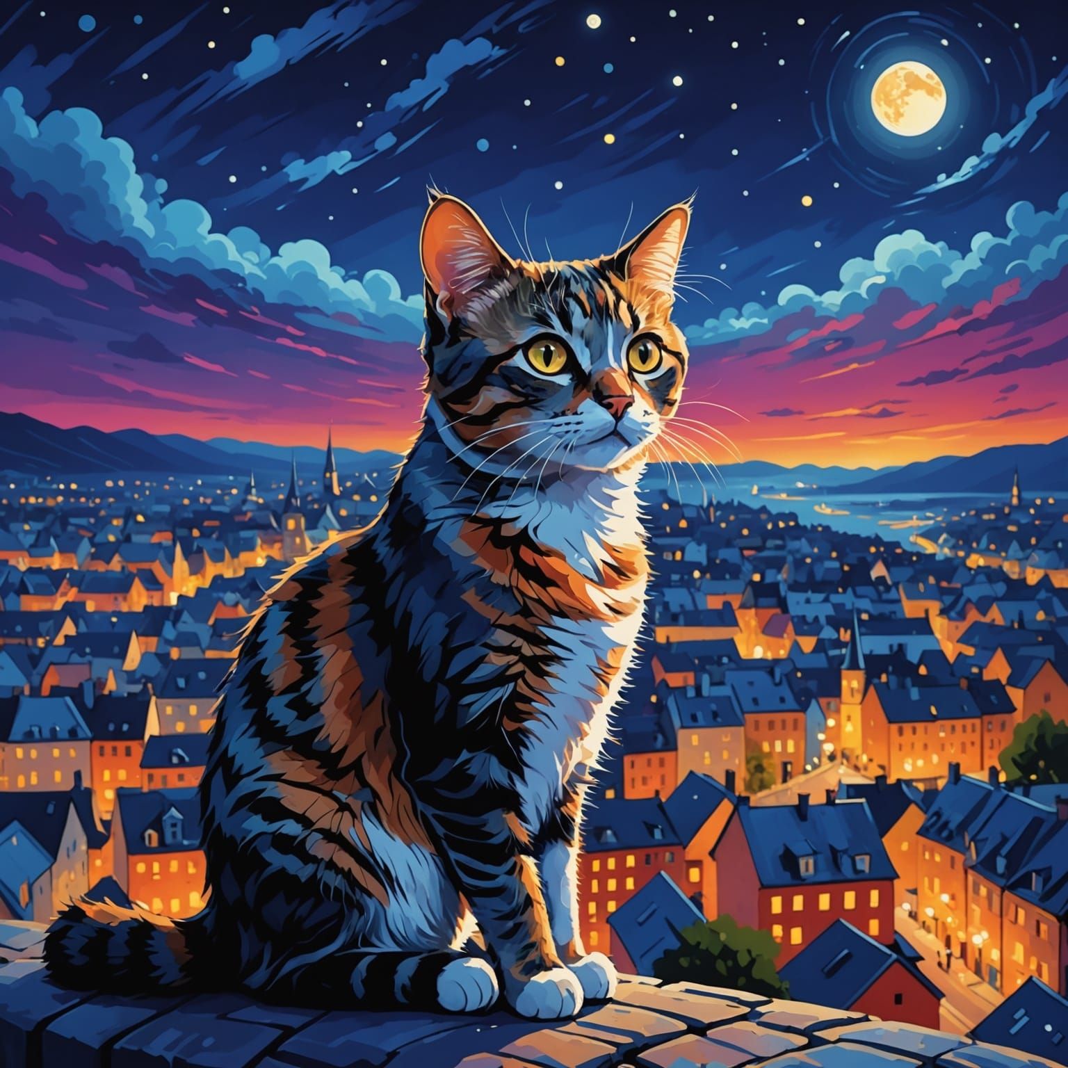 Cute Cat Gazing at Impressionist City Nightscape