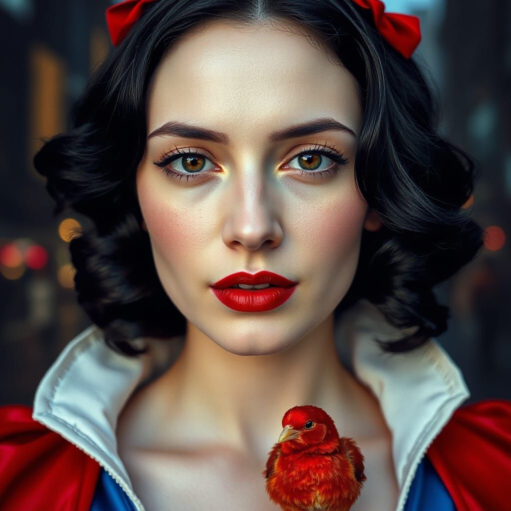 Realistic Snow White Portrait in Futuristic City