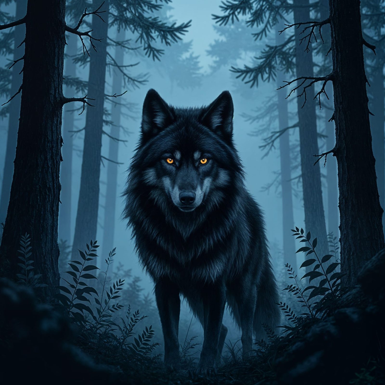 Mysterious Black Wolf in Dark Forest
