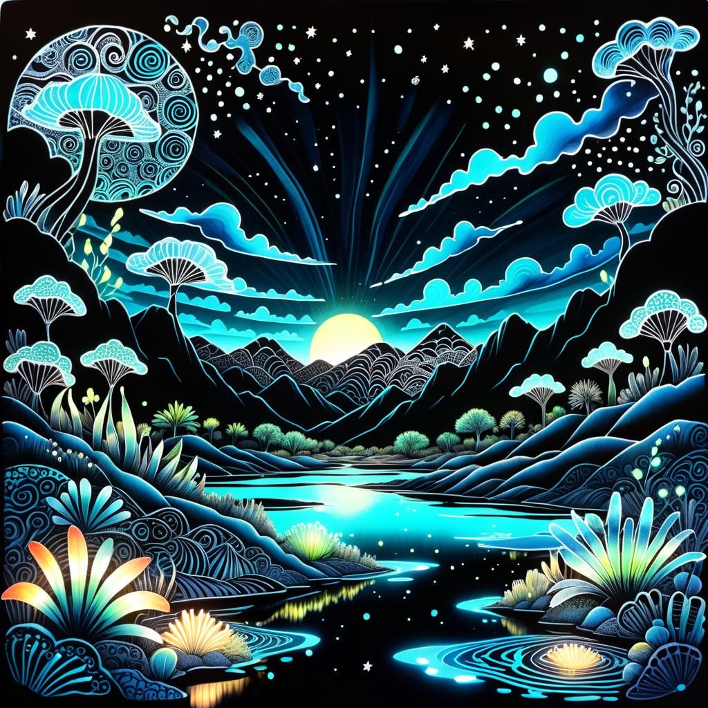 Bioluminescent Oasis with Zentangle Clouds