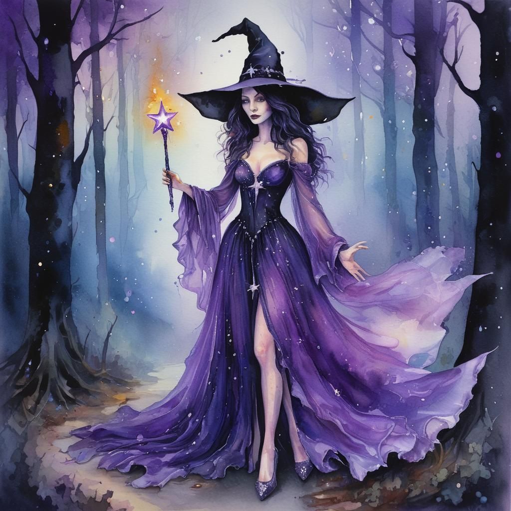 Beautiful Witch in Misty Forest, Watercolor Painting