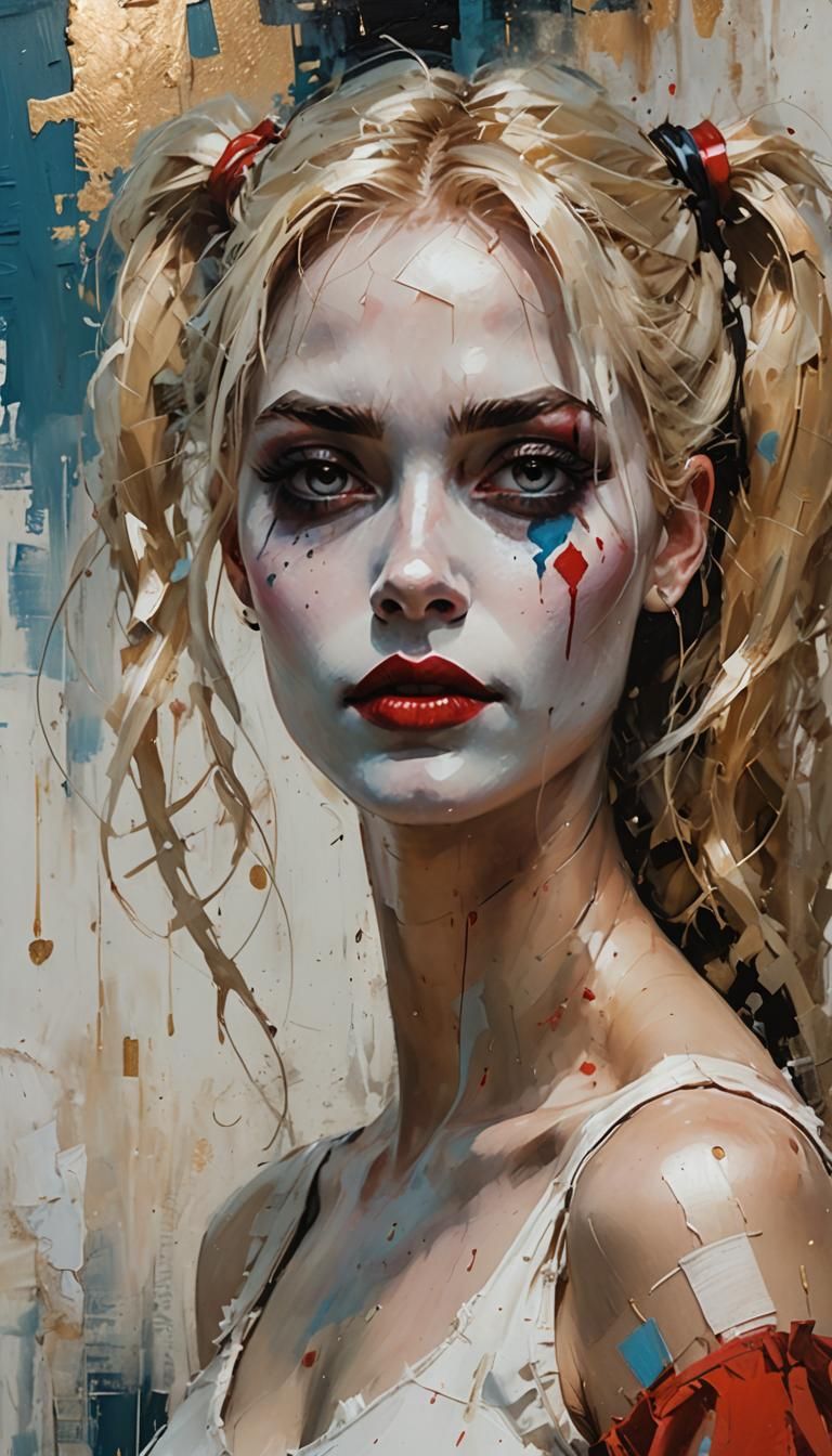 Dreamy Harley Quinn Portrait in Distressed Cartoon Style