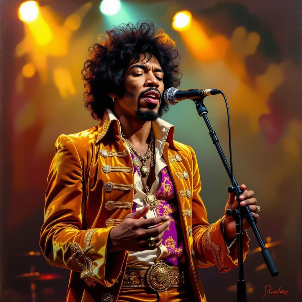 Jimi Hendrix Singing in Gold Velvet as Neo-Expressionist Oil...