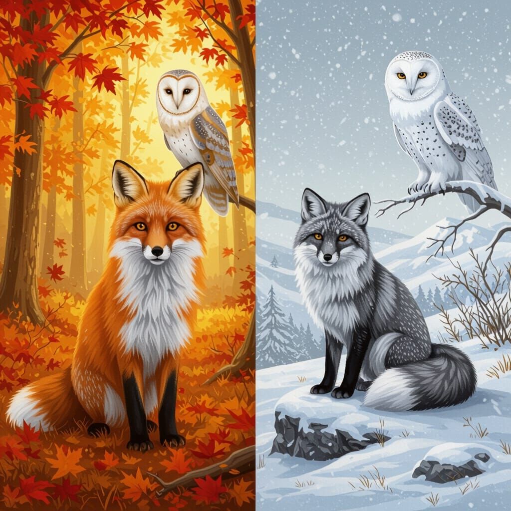 Fox and Owl Companions in Autumn and Winter
