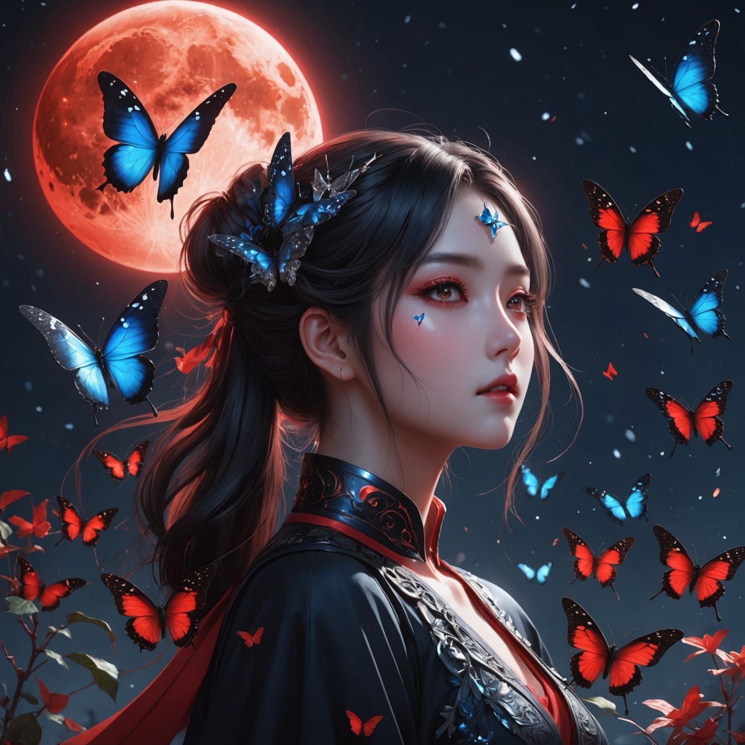 Red Moon Eclipse with Anime-Style Butterflies
