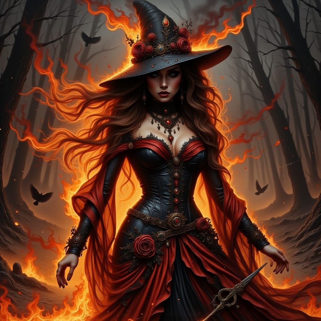 Gothic Witch Engulfed in Fiery Flames