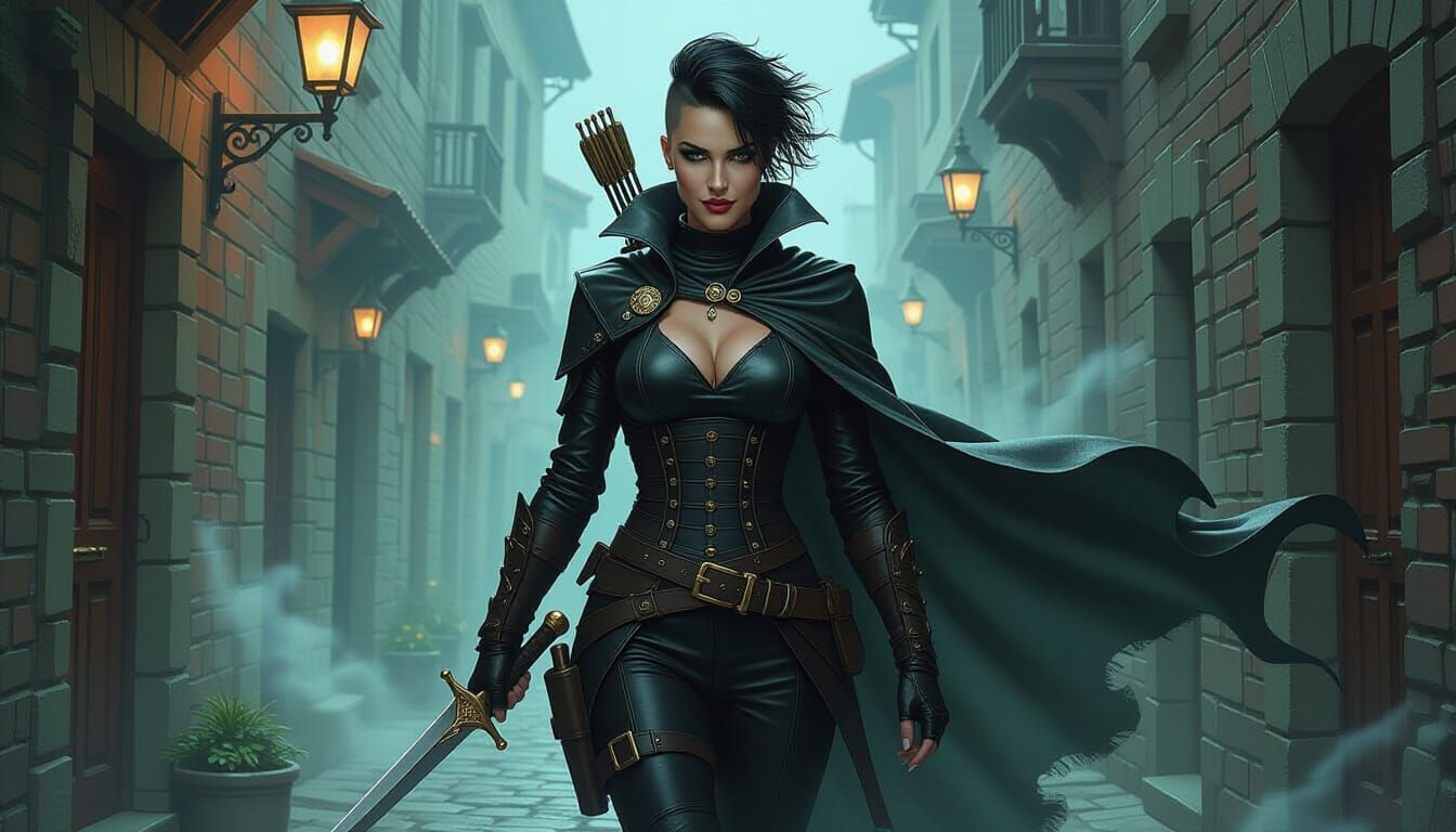 Shadow Alley Rogue in Tight Leathers with Confident Grin