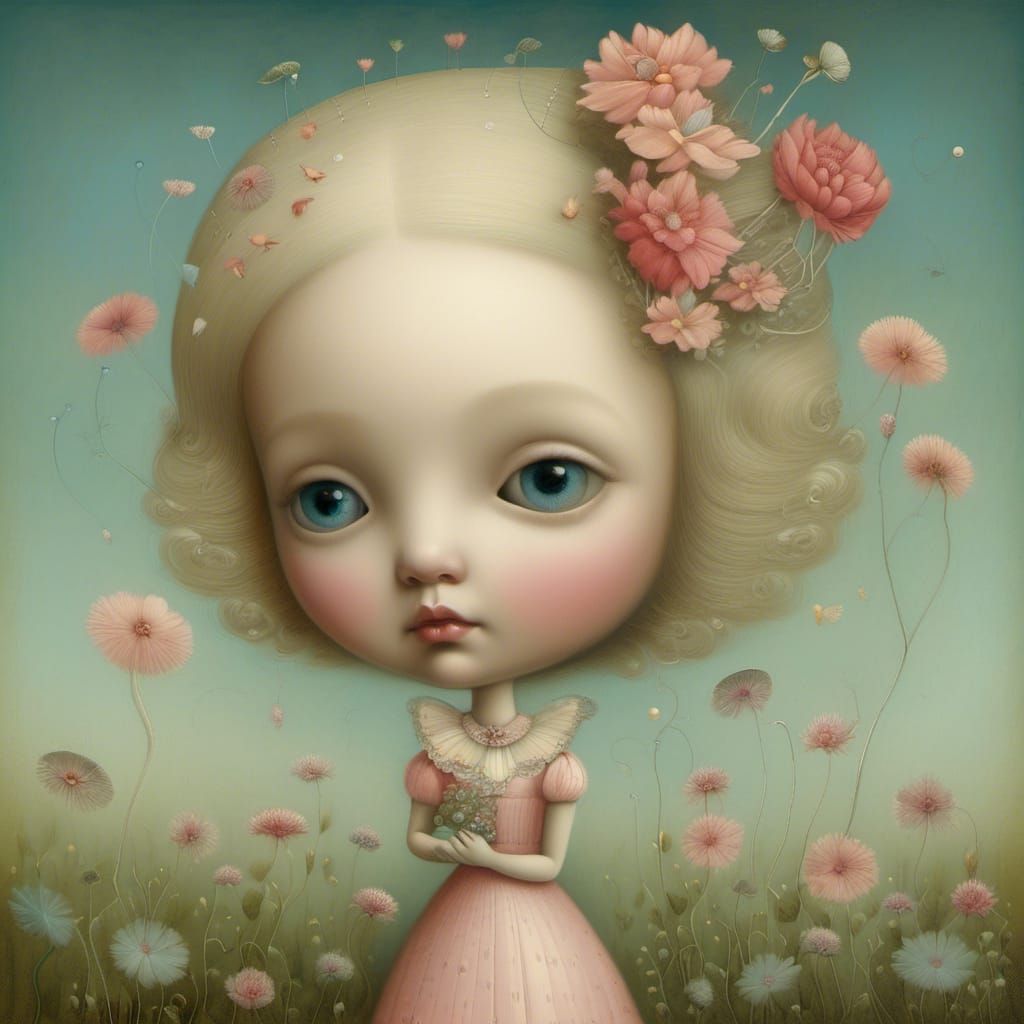 Whimsical Surreal Winter Illustration with Doll Character