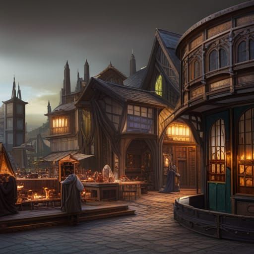Fantastical Medieval Market in Detailed Matte Painting