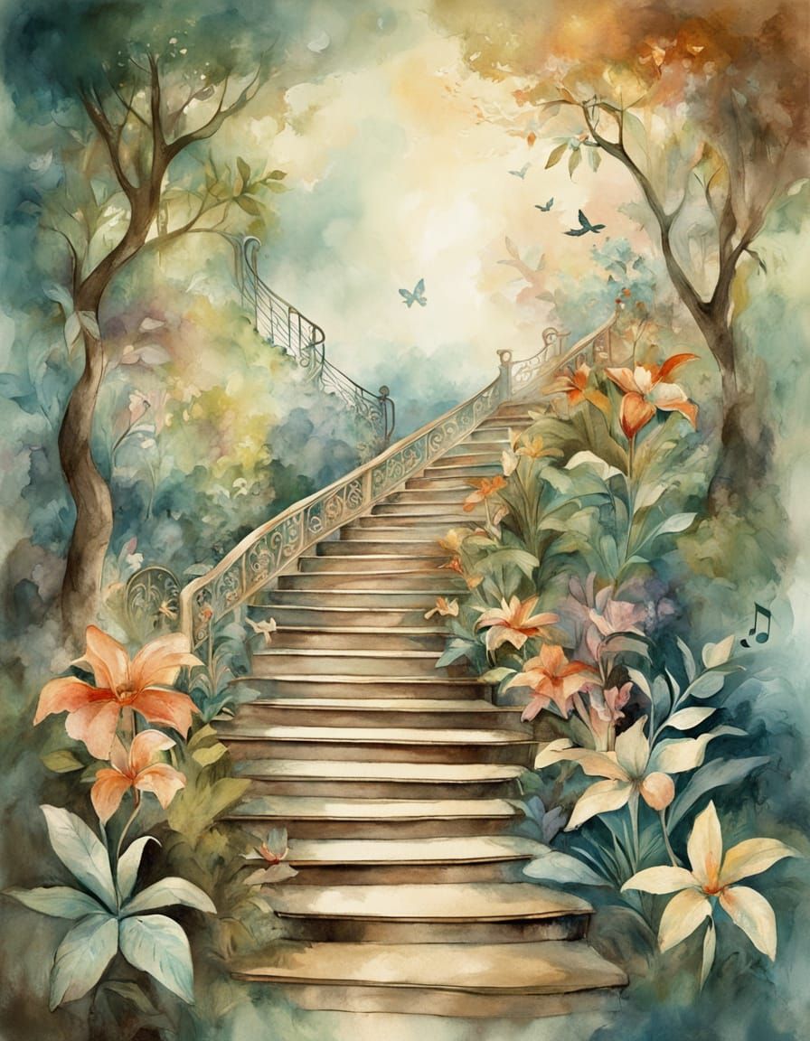 Musical Stairway in Lush Jungle, Watercolor Style