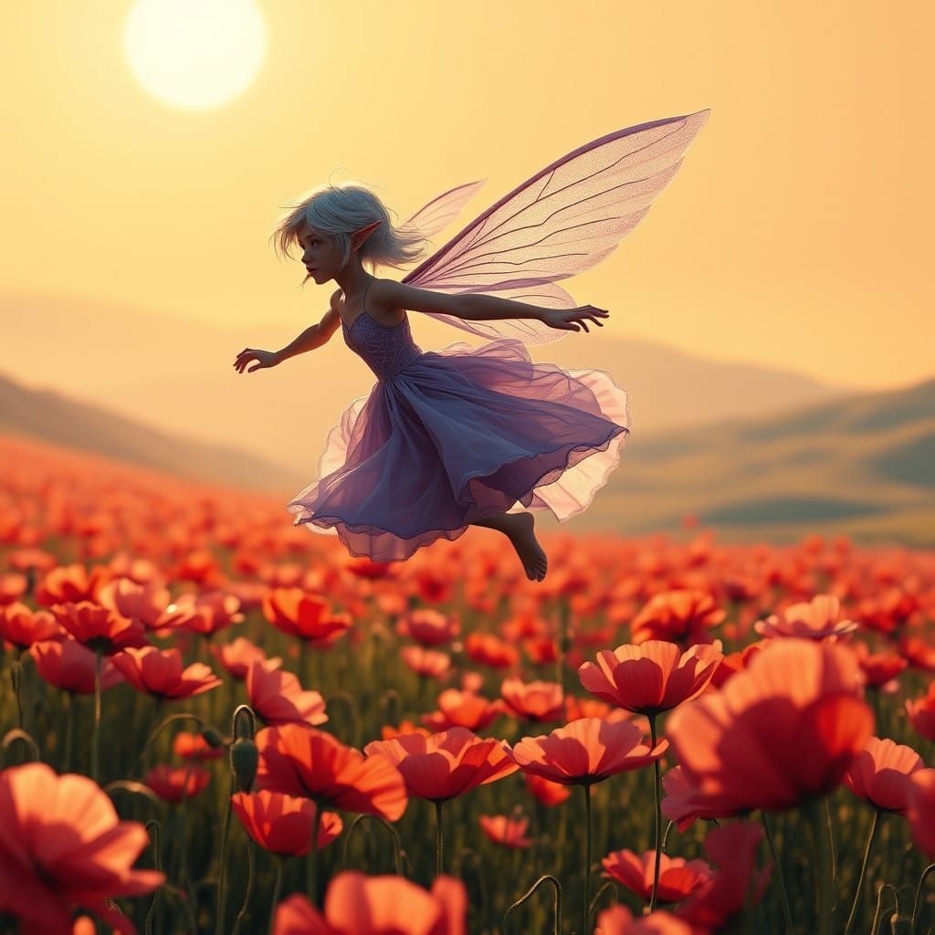 Elven Maiden Soars Over Vibrant Poppy Field in Dreamlike Lan...