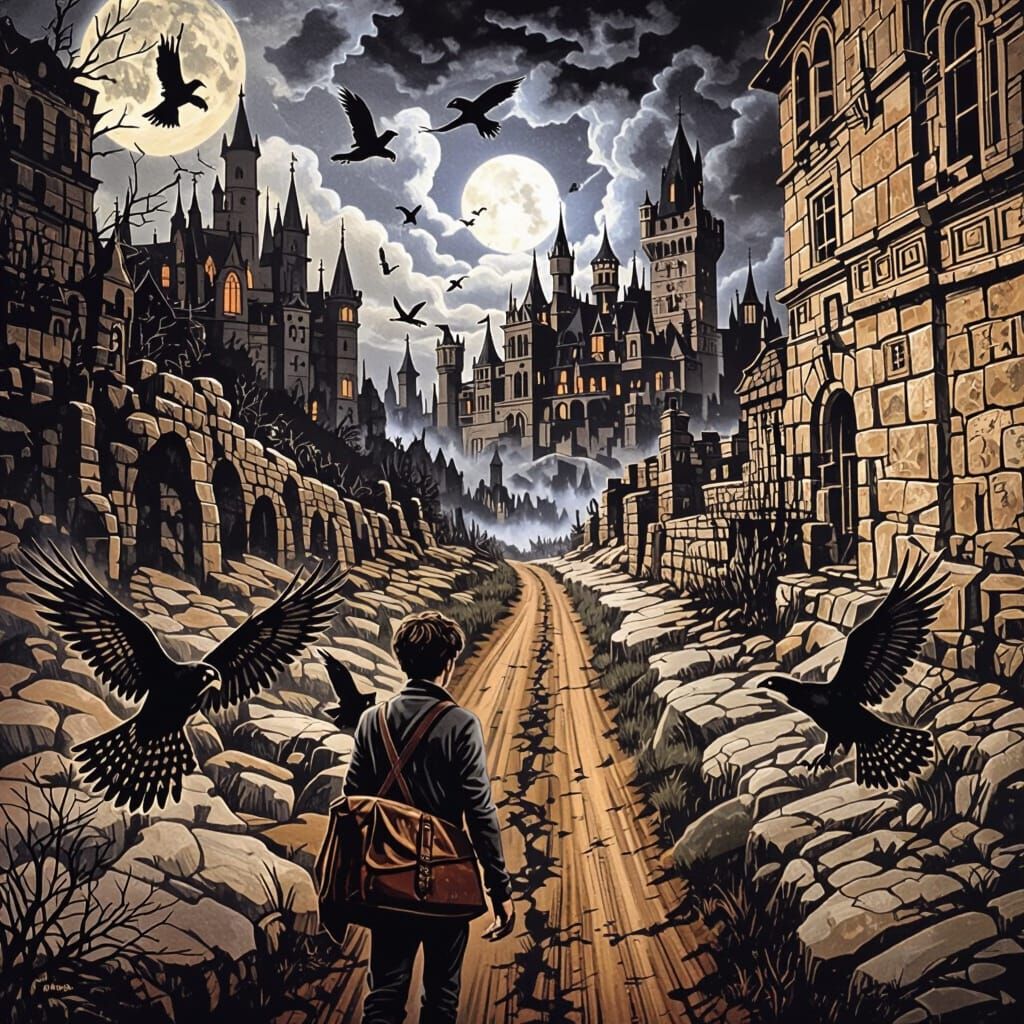 Man Approaches Foreboding Castle Under Moonlight