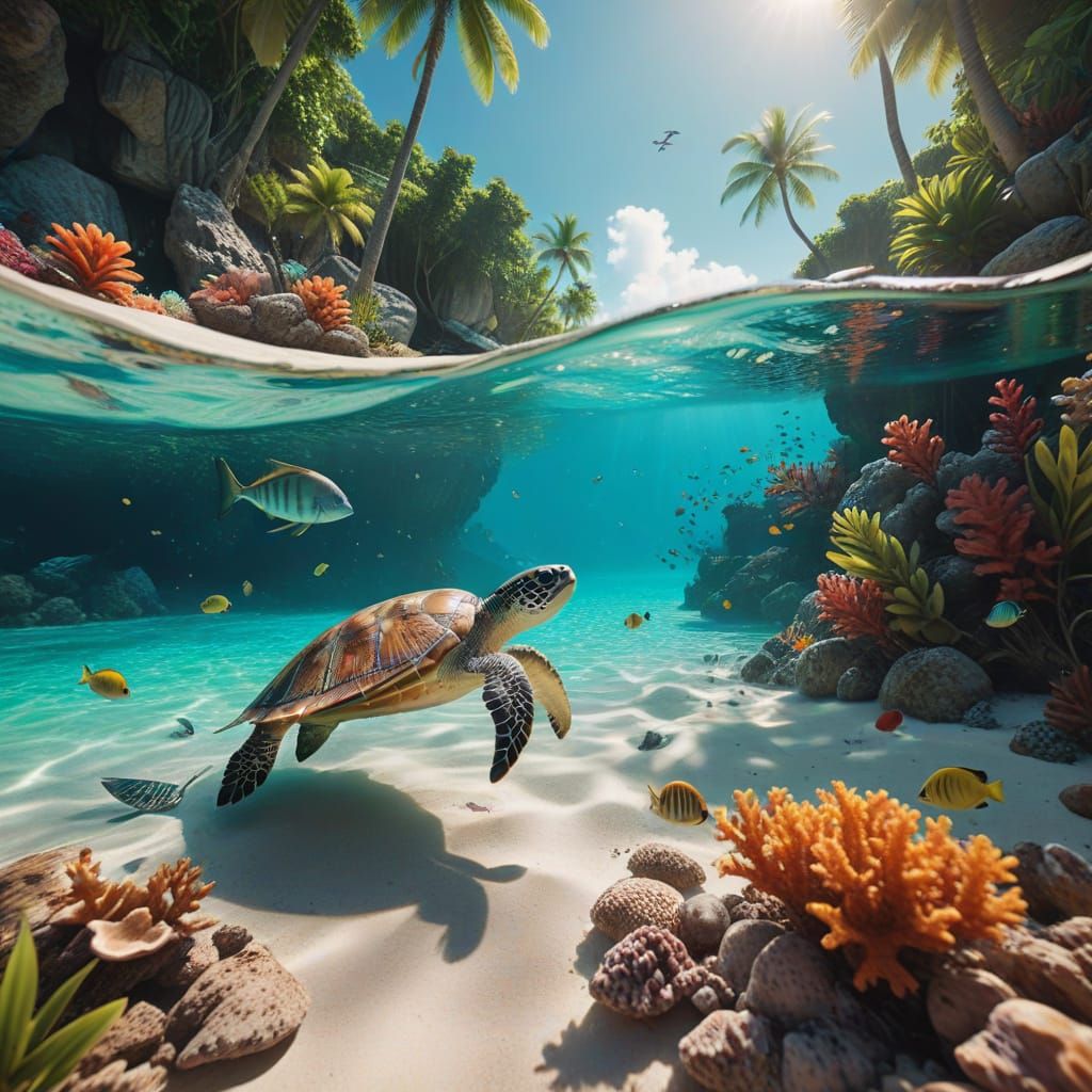 Turtle and Shark in Tropical Coral Cove