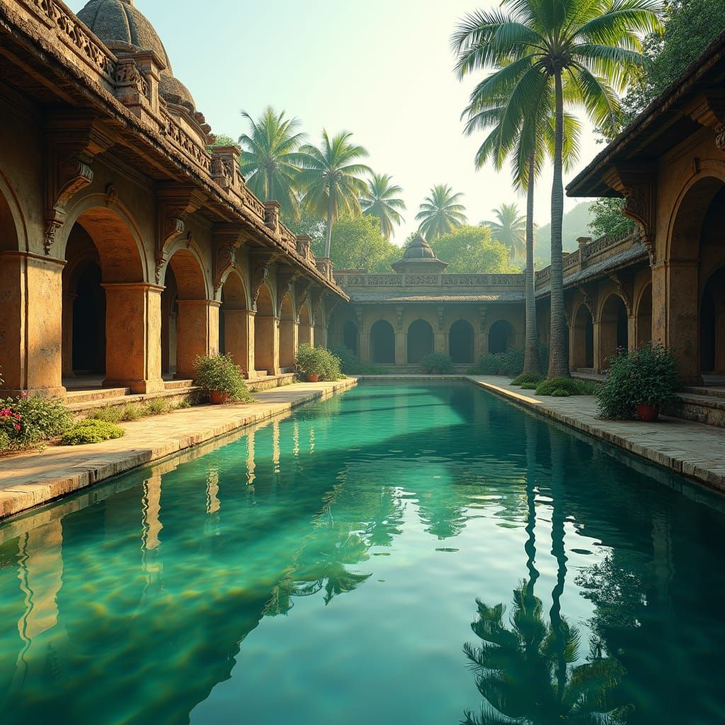 Ancient Indian Village with Turquoise Pool, Cinematic Style