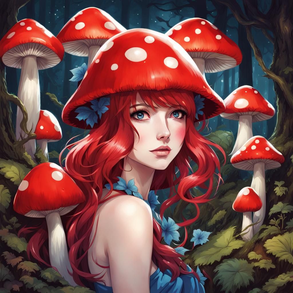 Anime Mushroom Woman with Cat Ears and Bat Wings