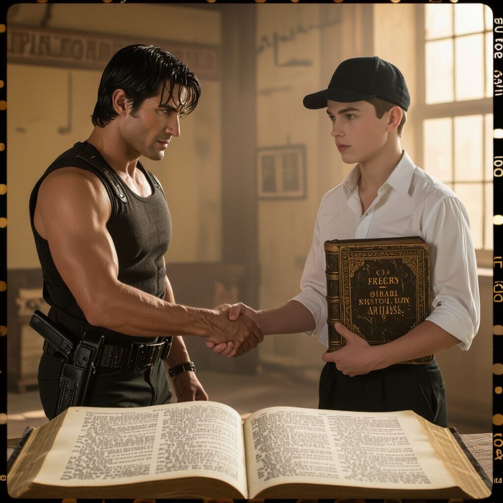 Miniature Figures Shake Hands on Open Book, Cinematic Still