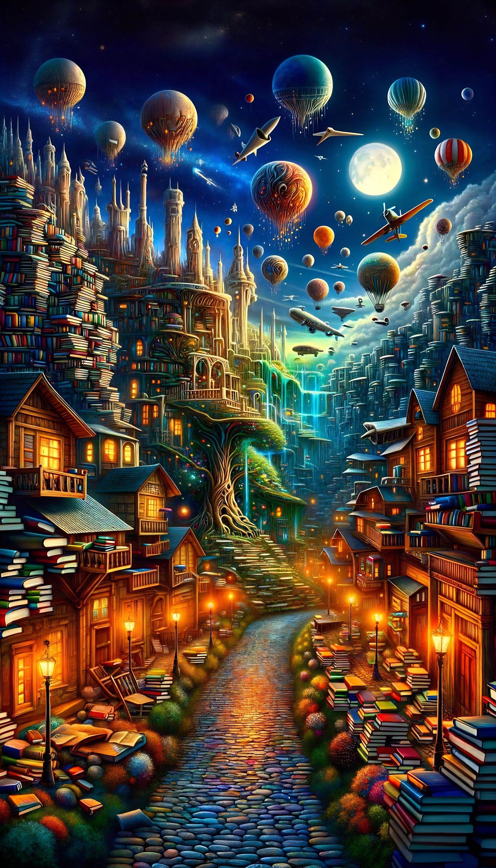 Whimsical Fantasy World at Night with Floating Lights and To...