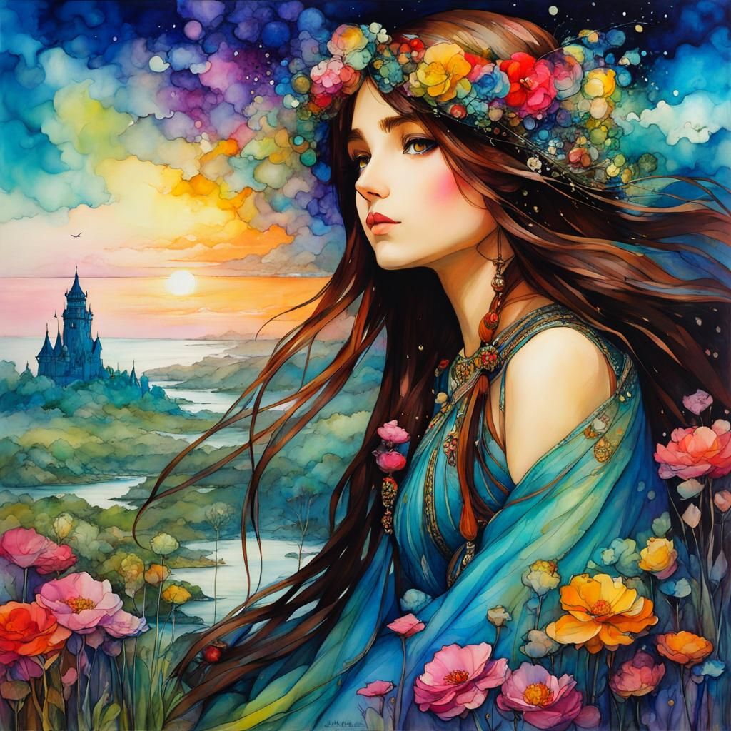 Dreamy Fantasy Castle Scene in Vibrant Watercolor