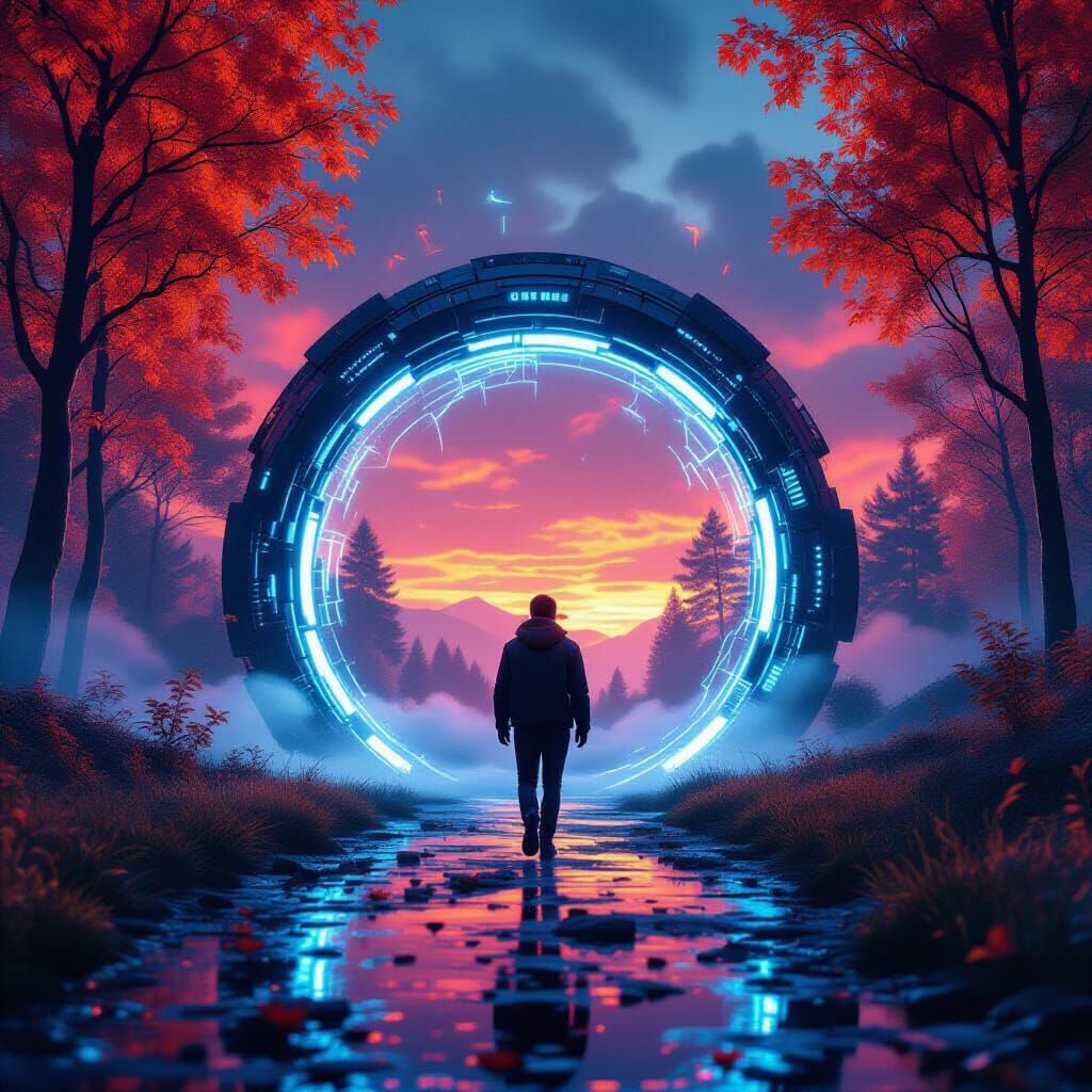 Futuristic Portal Opens in Autumn Landscape