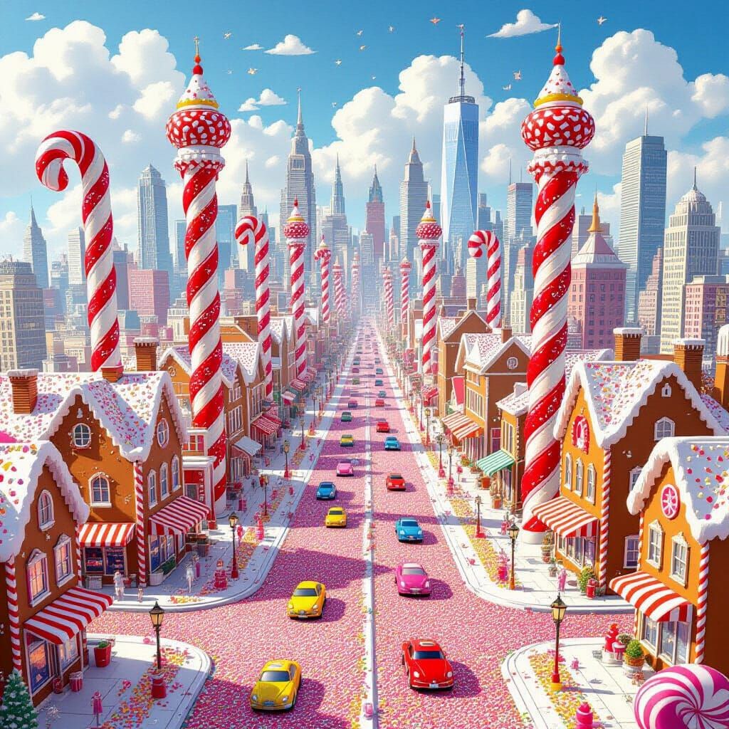 Edible Metropolis: Candy Cane Cityscape with Gummy Bear Cars