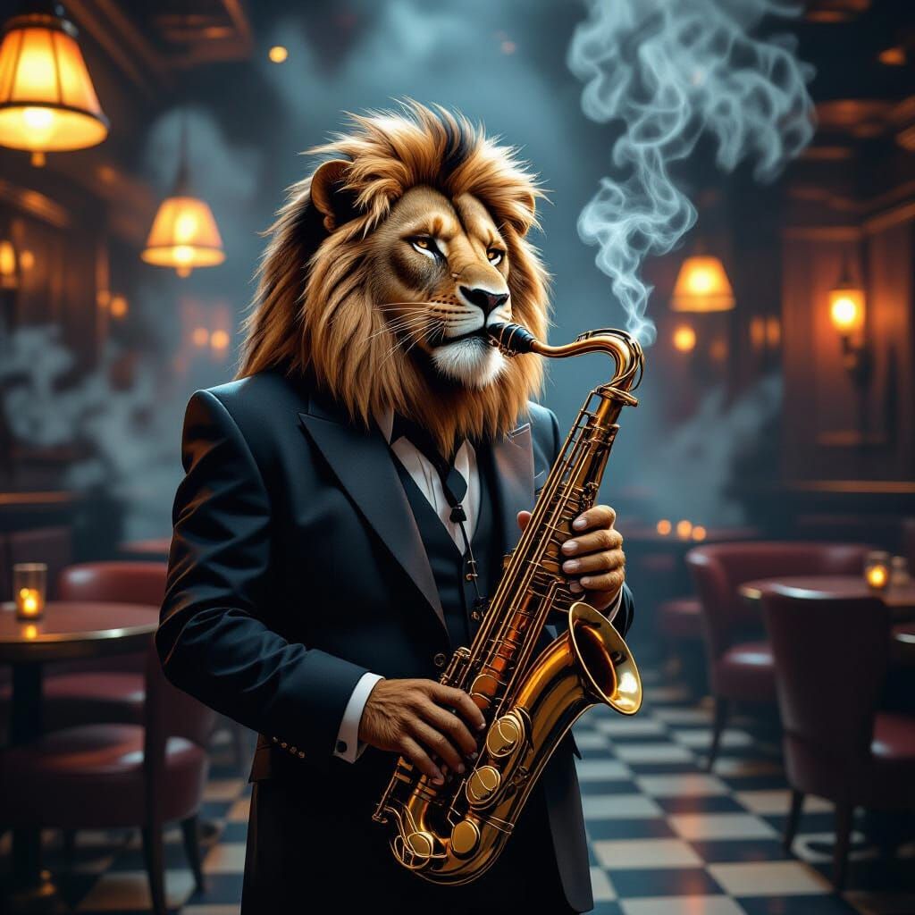 Lion Saxophonist in Smoky Jazz Club, Matte Painting