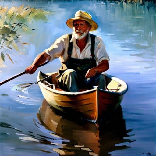 Charismatic Fisherman in Rowboat: A Detailed Masterpiece