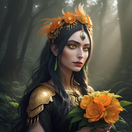 Golden Woman with Peacock Feathers in Mystical Forest