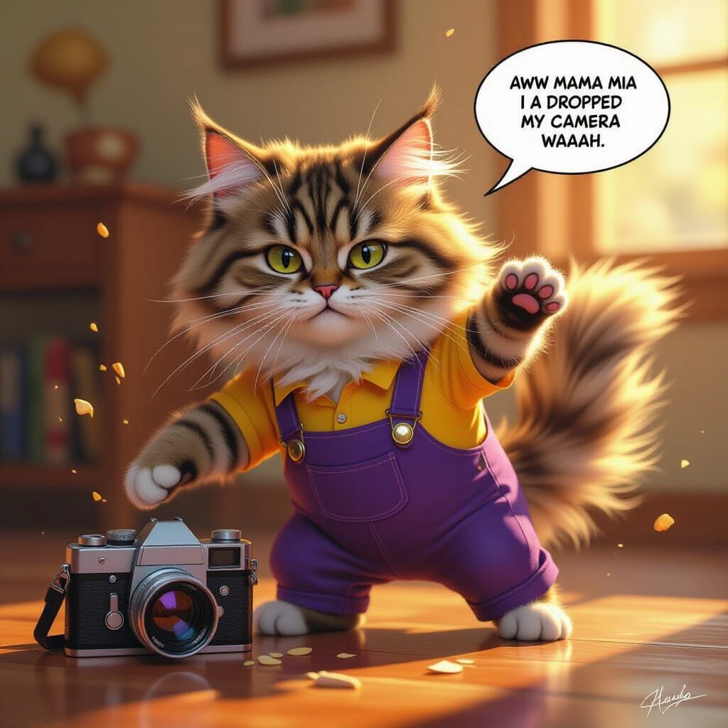 Norwegian Forest Cat as Wario Knocks Over Camera