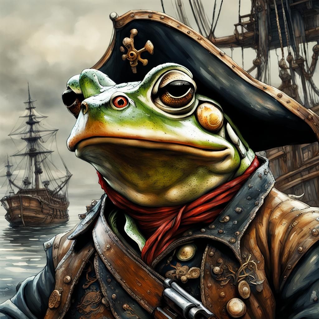 Pirate Frog Ink Painting with Ship Background