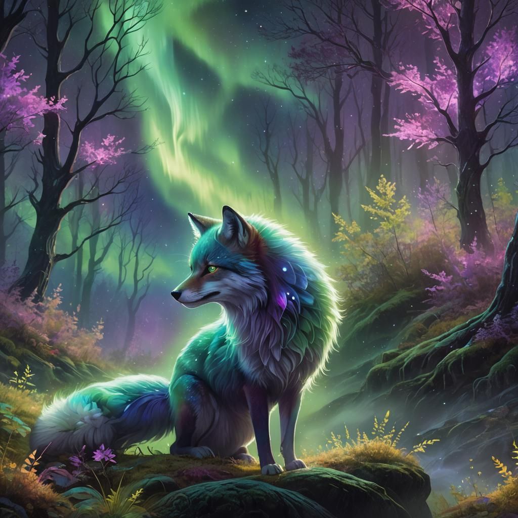 Aurora Fox Runs Through Starry Forest, Digital Art