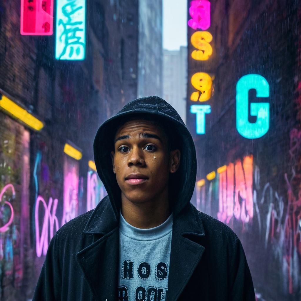 Rainy City Graffiti in Gritty Cinematic Style