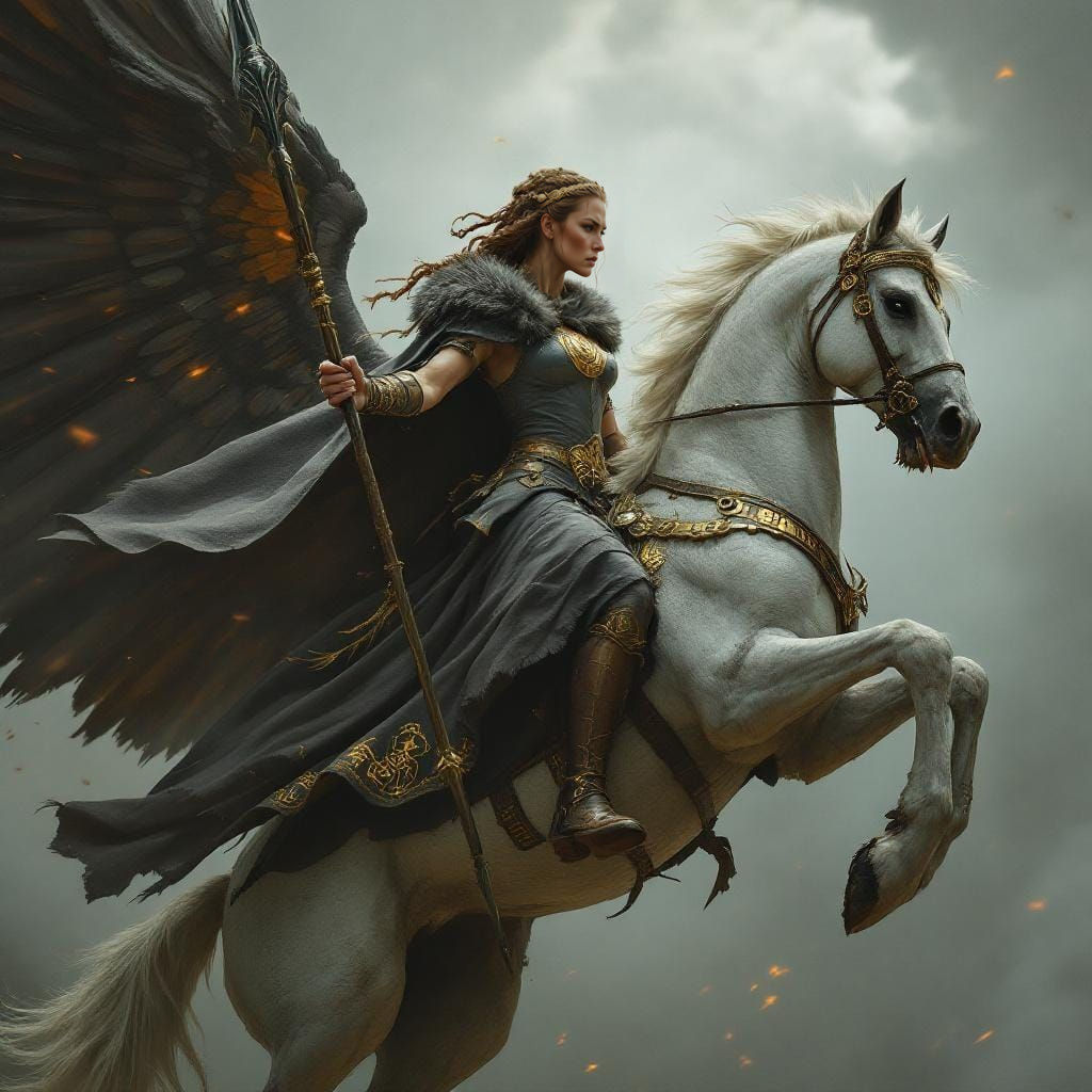 Viking Spear Goddess Geiravor on Winged Horse