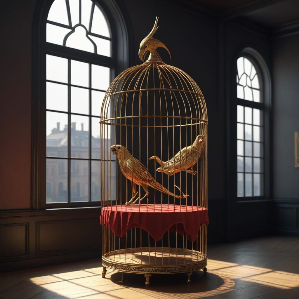 Golden Raptor Claw Birdcage Sculpture with Parrots