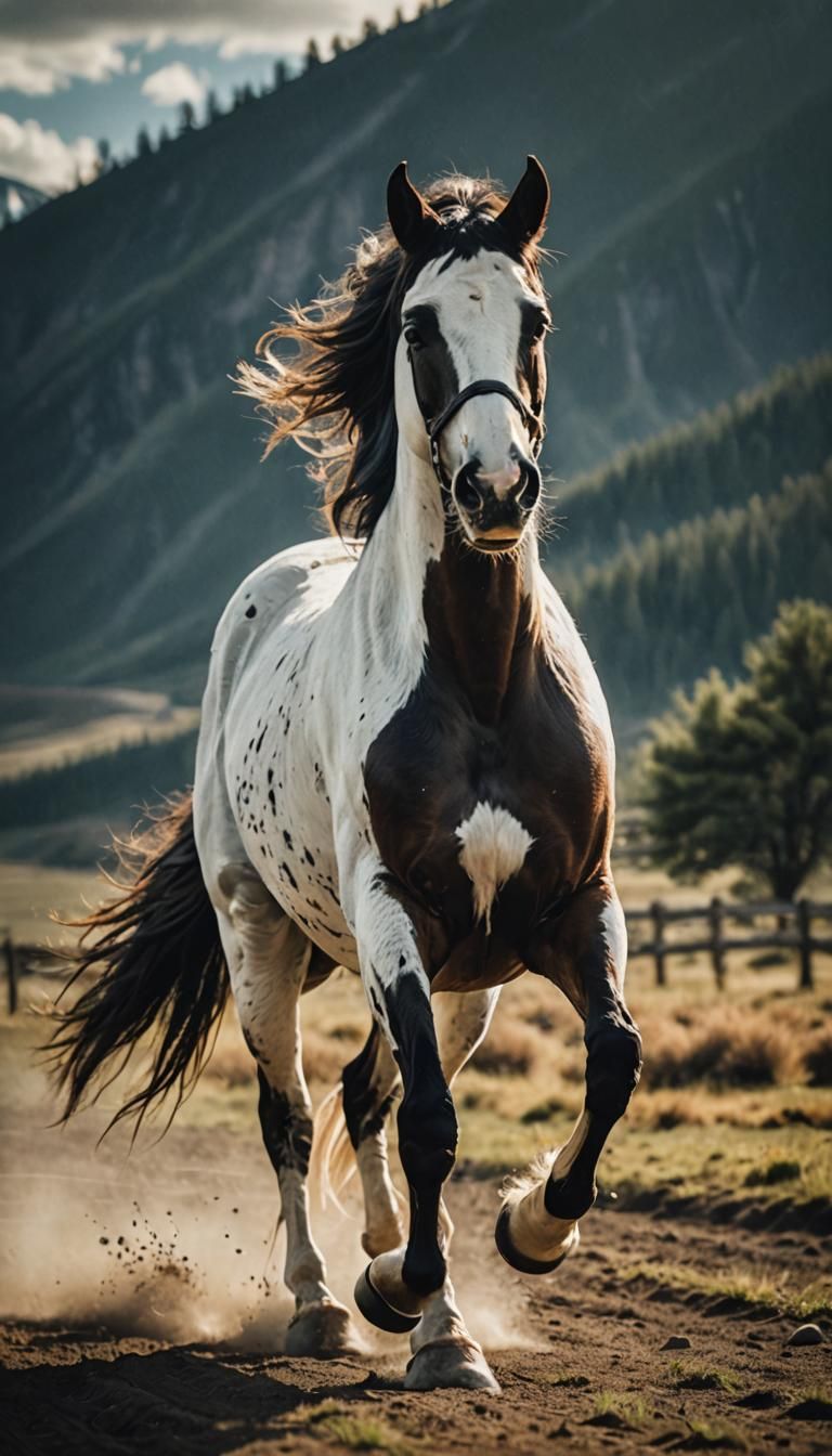 Tobiano Horse Trotting: Cinematic Film Still