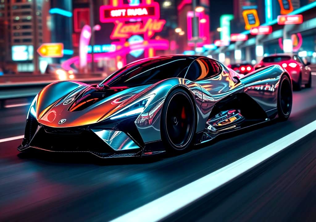 Futuristic Supercar on Neon Highway in Cyberpunk Style