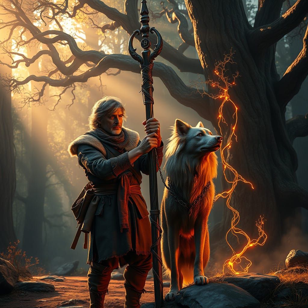 Mystical Wanderer Ties Luminous Hound to Ancient Tree