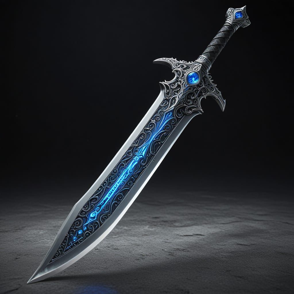 Ornate Magic Sword Forged from Silver-Blue Alloy