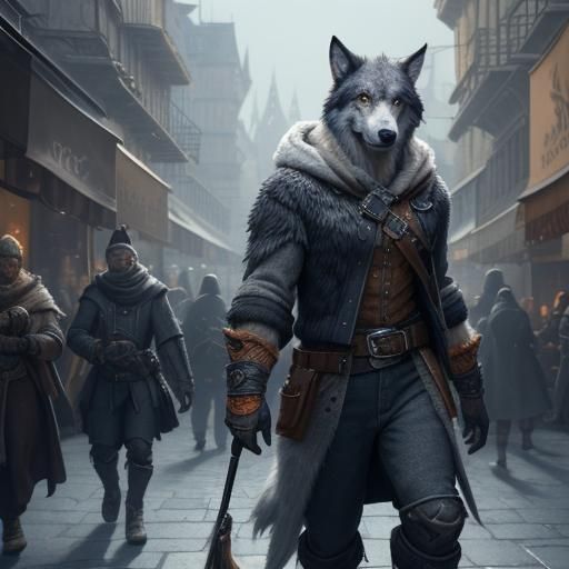 Wolf Hybrid Marketplace Scene in Fantasy Realism