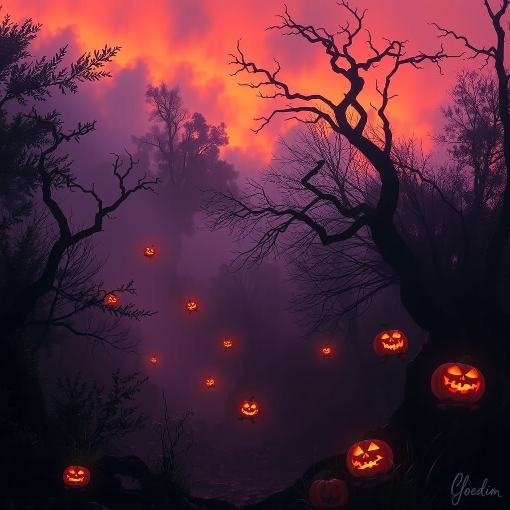 Mystical Halloween Dusk in Eerie Whimsical Style