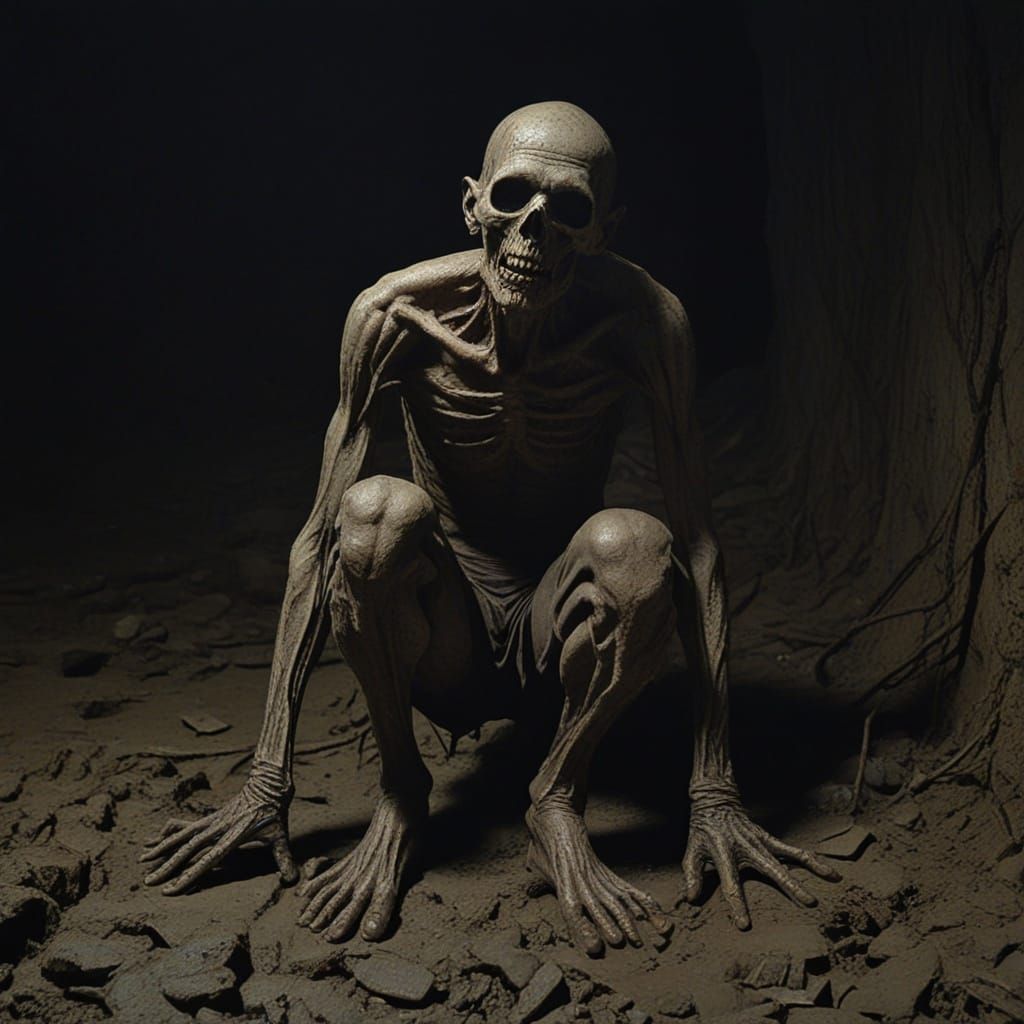 Tormented Figure in Dark, Grimy Cavern