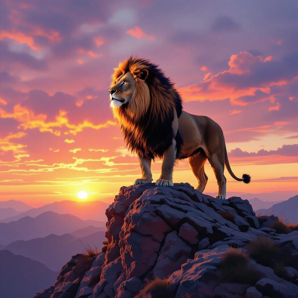 Majestic Lion on Mountain Peak at Sunset