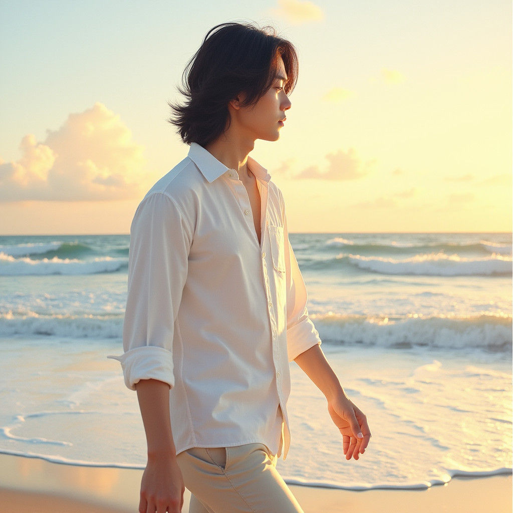 Korean Man Seaside Watercolor Painting